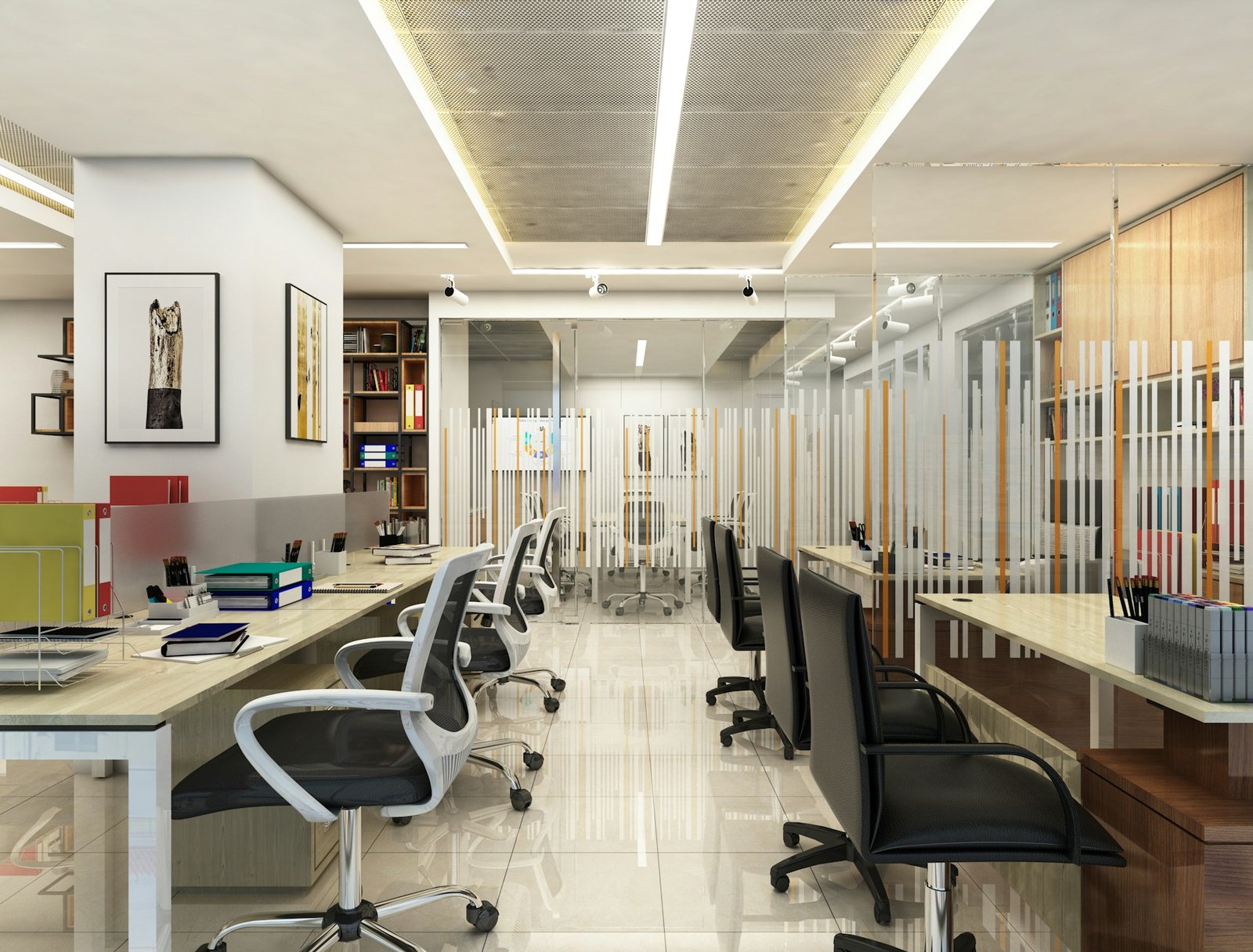 Contemporary workplace with light-filled desks and meeting areas